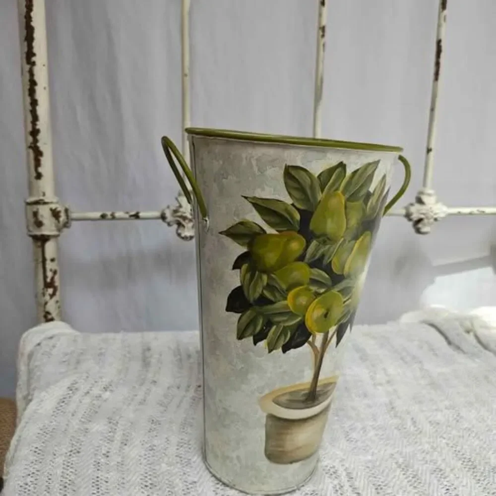 Vintage Style Metal Flower Bucket with Pear Tree Design